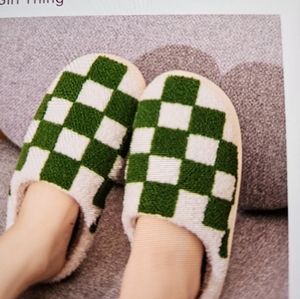 A Girl Thing Green and White Checkered Slippers
